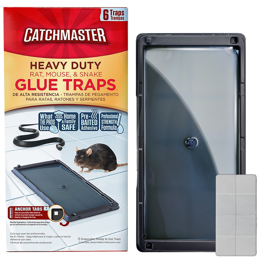 Catchmaster Heavy Duty Glue Traps package and product image showing a black plastic tray with adhesive surface.
