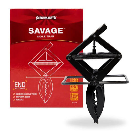 Catchmaster Savage Mole Trap packaging and trap design displayed, highlighting features like weather-resistant finish and easy setup.