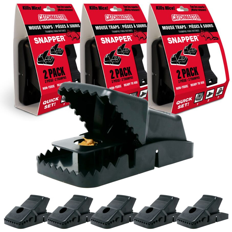Catchmaster Snapper Quick-Set Mouse Traps packaging and multiple traps, showcasing non-toxic, ready-to-use features with powerful gripping teeth.