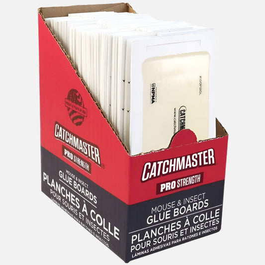 Catchmaster pest control product with detailed product image, emphasizing clear labeling and branding for pest control effectiveness.