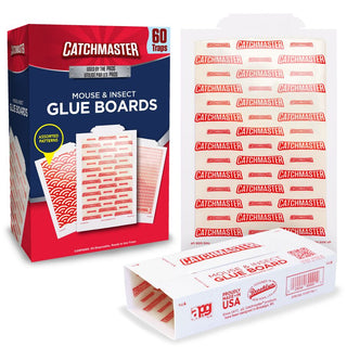 Box of Catchmaster mouse and insect glue boards with multiple boards displayed.
