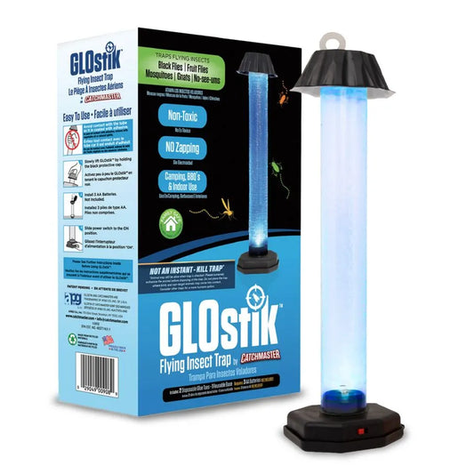 An LED-light Glostik trap designed to attract and capture mosquitoes and other flying insects, ideal for use in both indoor and outdoor settings like garages and patios.