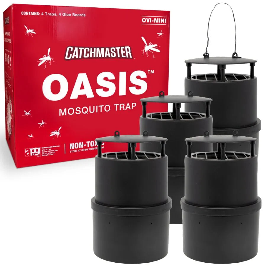 Catchmaster Oasis Ovi-Mini Water Jar & Glue Board Mosquito Trap set with four non-toxic traps for effective mosquito control.